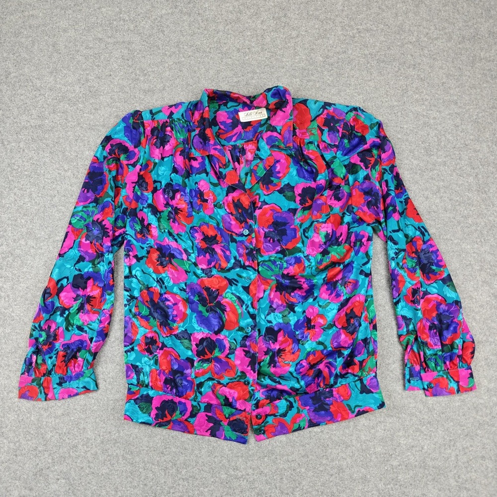 Vintage Lilli Ann Blouse Womens Size 14 Multicolor Floral‎ Long Sleeve Made USA